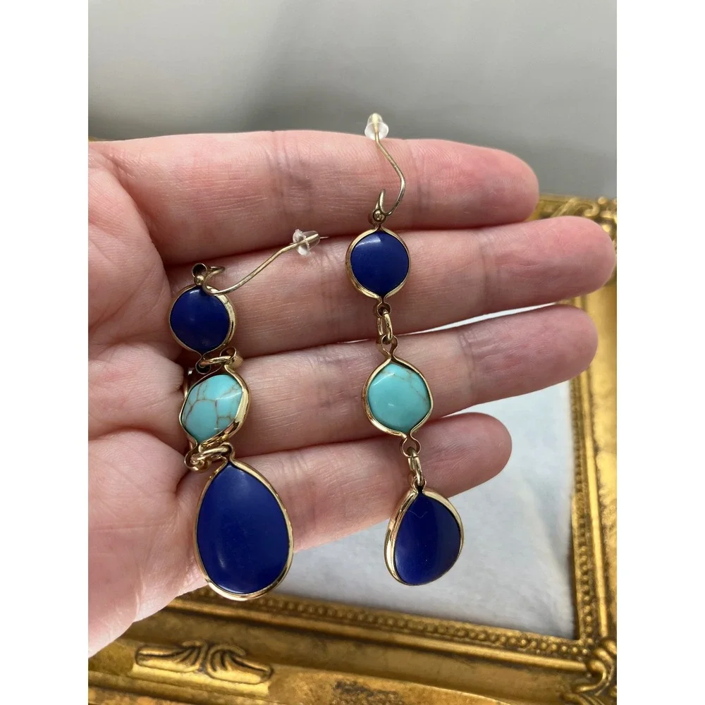 Gold Tone Blue and Turquoise Faux Stone Triple Drop Dangle Earrings‎ Boho Luxury
